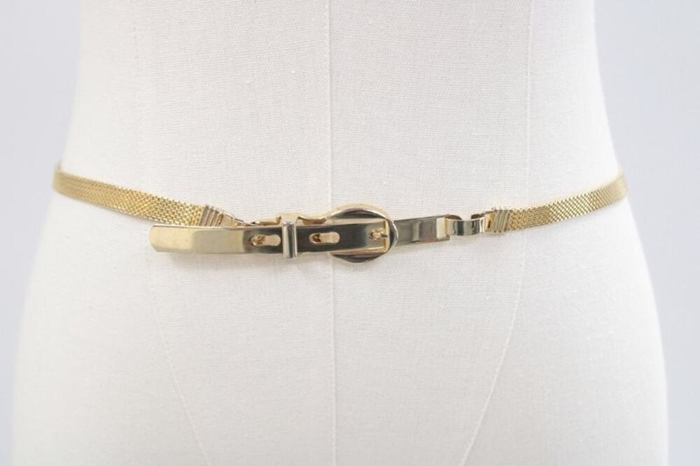 VTG 70s 80s Narrow Gold Mesh Adjustable Belt Medium Retro Glam Disco Mob Wife